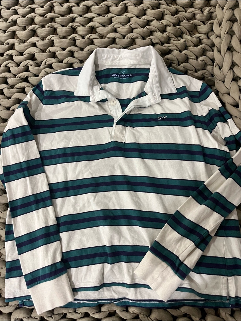 Vineyard Vines White Long-Sleeve Rugby with Green Teal and Navy Stripes